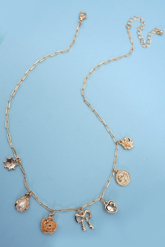 BOW HEART FLOWER CHARM LINK CHAIN NECKLACE | 80N91475