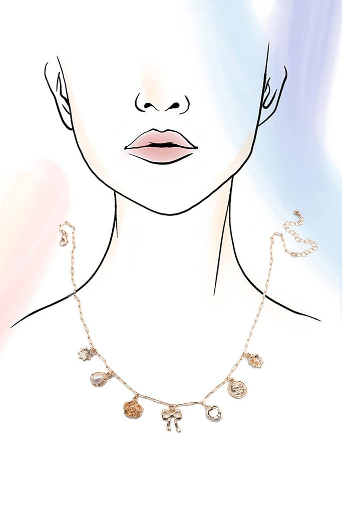 BOW HEART FLOWER CHARM LINK CHAIN NECKLACE | 80N91475