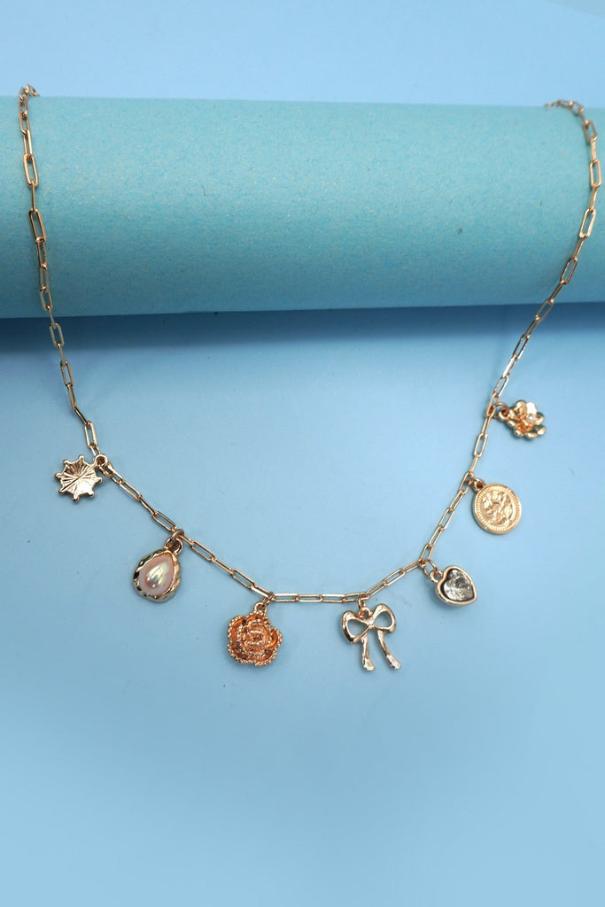 BOW HEART FLOWER CHARM LINK CHAIN NECKLACE | 80N91475