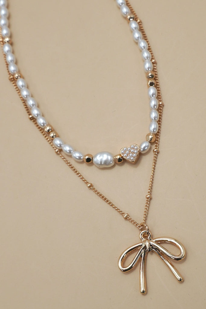 PEARL HEART BOW BALL CHAIN DOUBLE LAYER NECKLACE | 80N91480