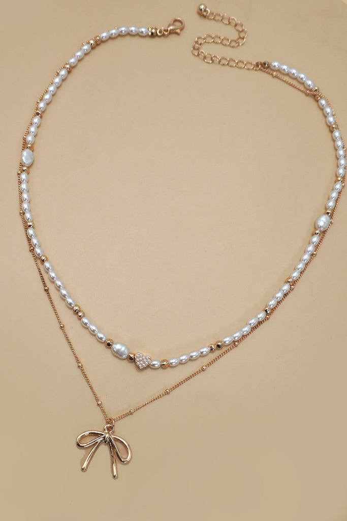 PEARL HEART BOW BALL CHAIN DOUBLE LAYER NECKLACE | 80N91480