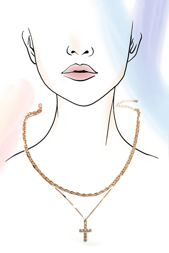 DOUBLE LAYER RHINESTONE CROSS NECKLACE | 80N91491