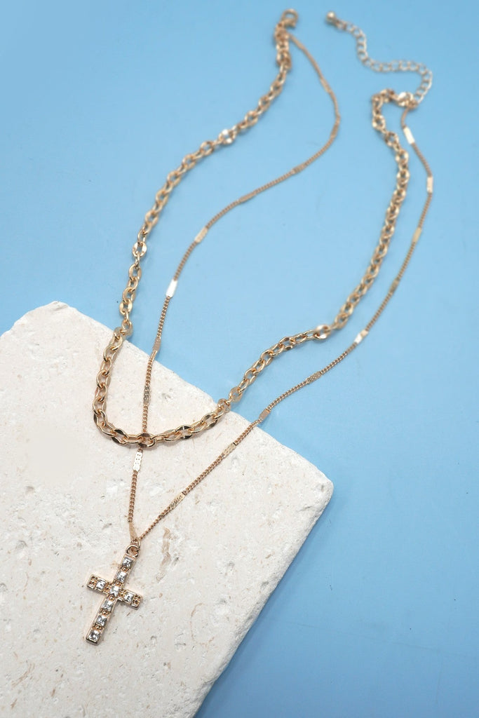 DOUBLE LAYER RHINESTONE CROSS NECKLACE | 80N91491