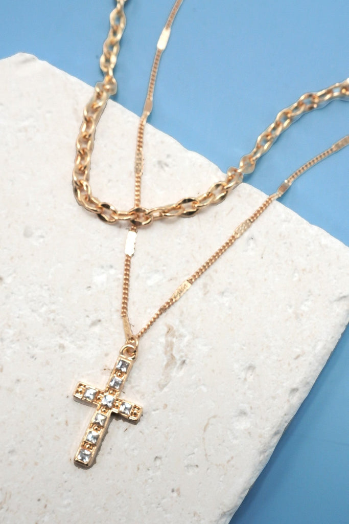 DOUBLE LAYER RHINESTONE CROSS NECKLACE | 80N91491