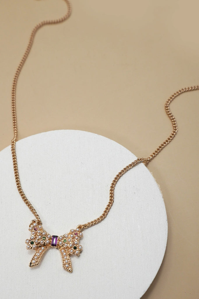 PEARL RHINESTONE PAVE BOW CHARM NECKLACE | 31N50315