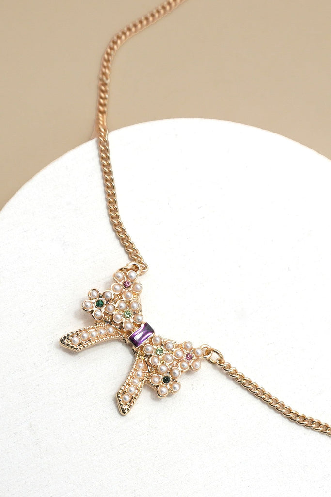 PEARL RHINESTONE PAVE BOW CHARM NECKLACE | 31N50315