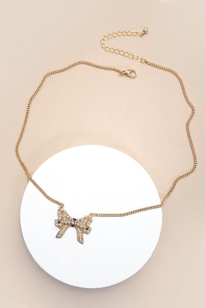 PEARL RHINESTONE PAVE BOW CHARM NECKLACE | 31N50315