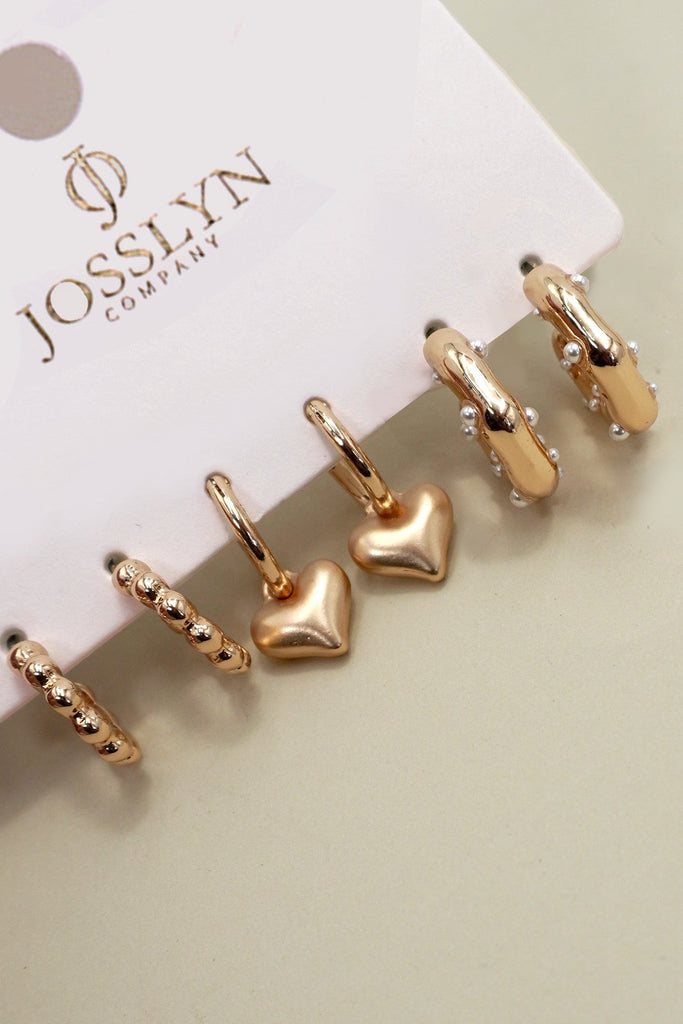 HEART DROP PEARL STUDED HOOP TRIO EARRINGS | 80E6397