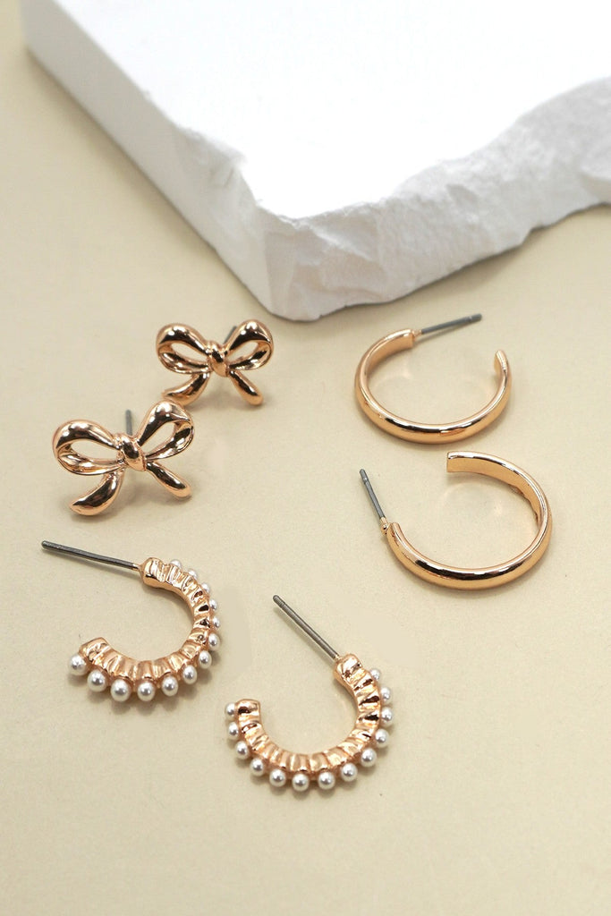 BOW PEARL STUDDED GOLD HOOP TRIO EARRINGS | 80E6403