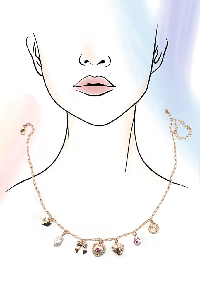 CERAMIC PORCELAIN BOW HEART CHARM LINK NECKLACE | 80N91546