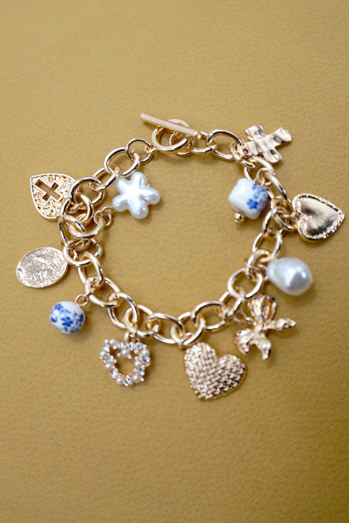 CERAMIC PORCELAIN HEART BOW PEARL CHARM BRACELET | 80B1342