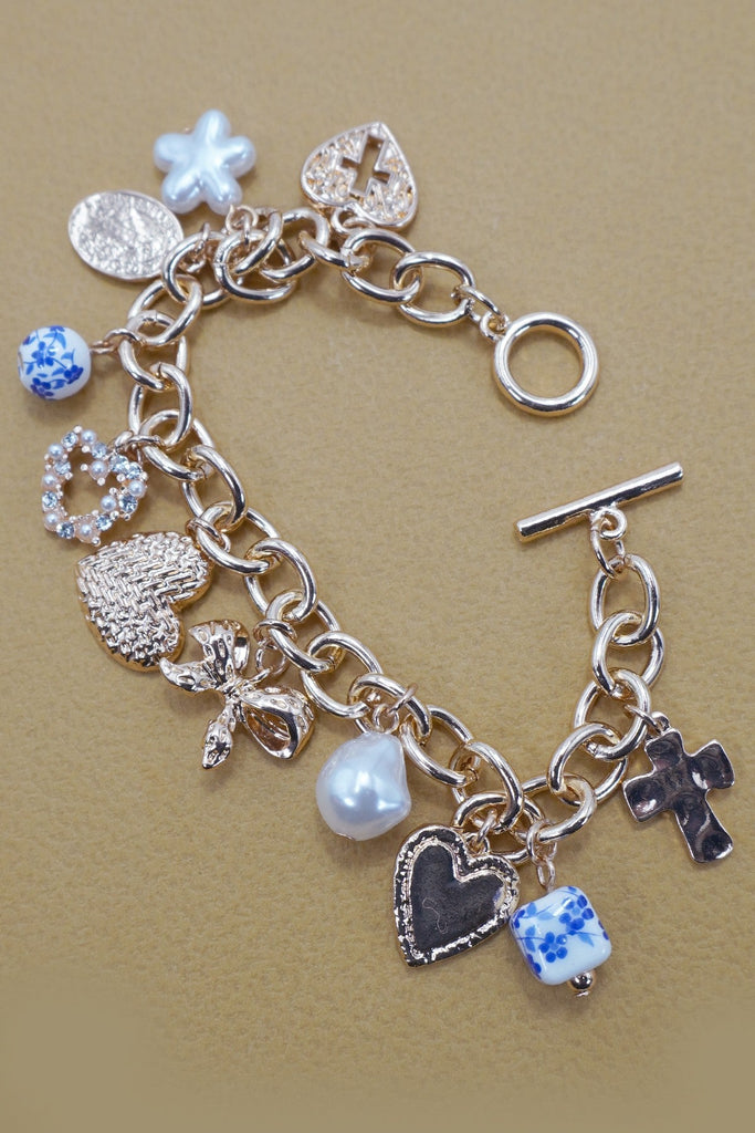 CERAMIC PORCELAIN HEART BOW PEARL CHARM BRACELET | 80B1342