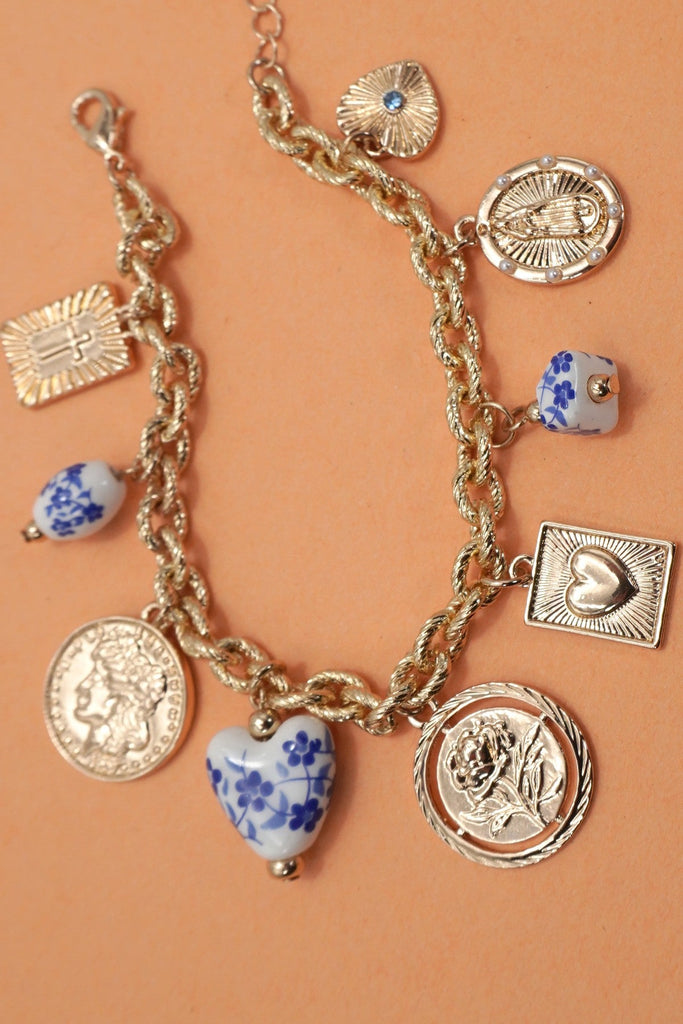 BLUE CERAMIC PORCELAIN COIN CROSS CHARM BRACELET | 80B1341