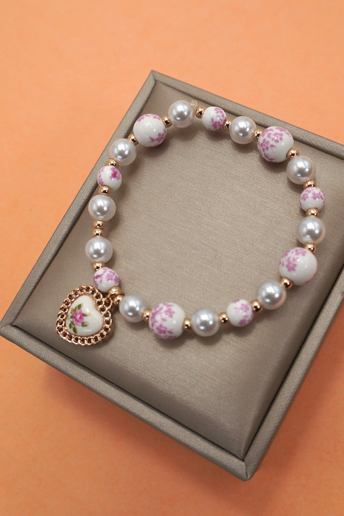 PINK CERAMIC PORCELAIN PEARL MIX HEART BRACELET | 80B1336