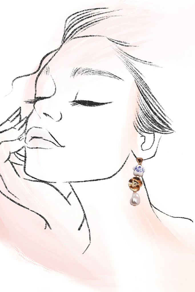 BLUE CERAMIC PORCELAIN GOLD PEARL DROP EARRINGS | 80E6455