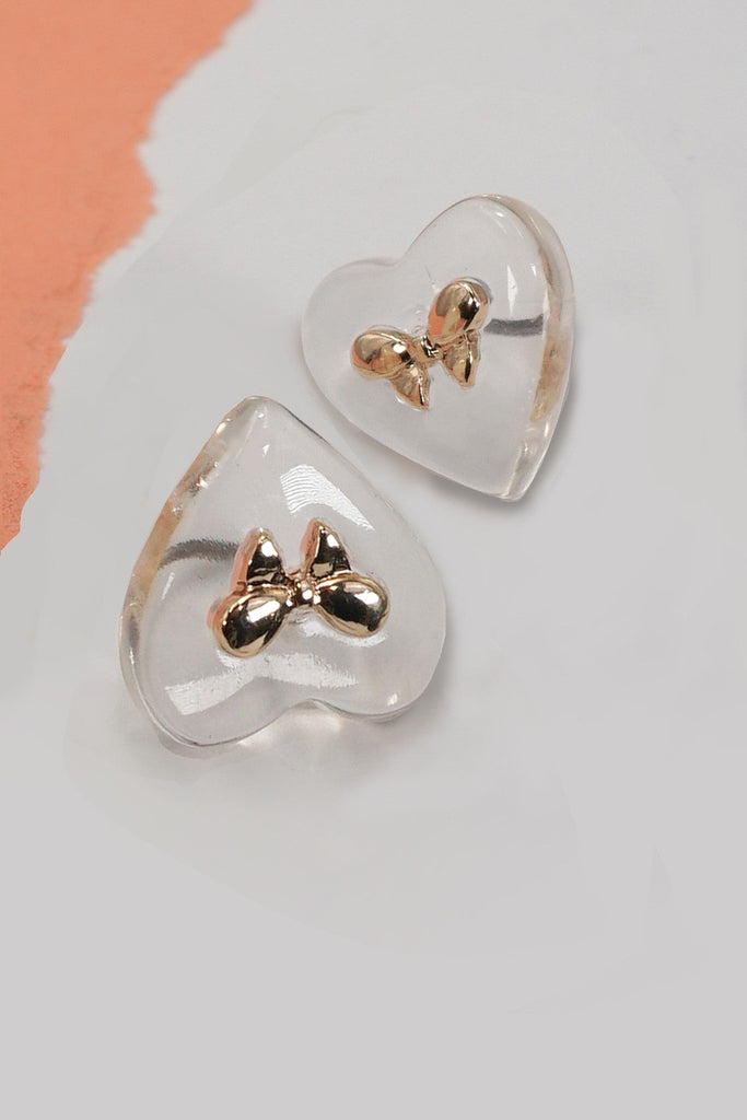 ACRYLIC HEART GOLD BOW STUD EARRINGS | 80E6490