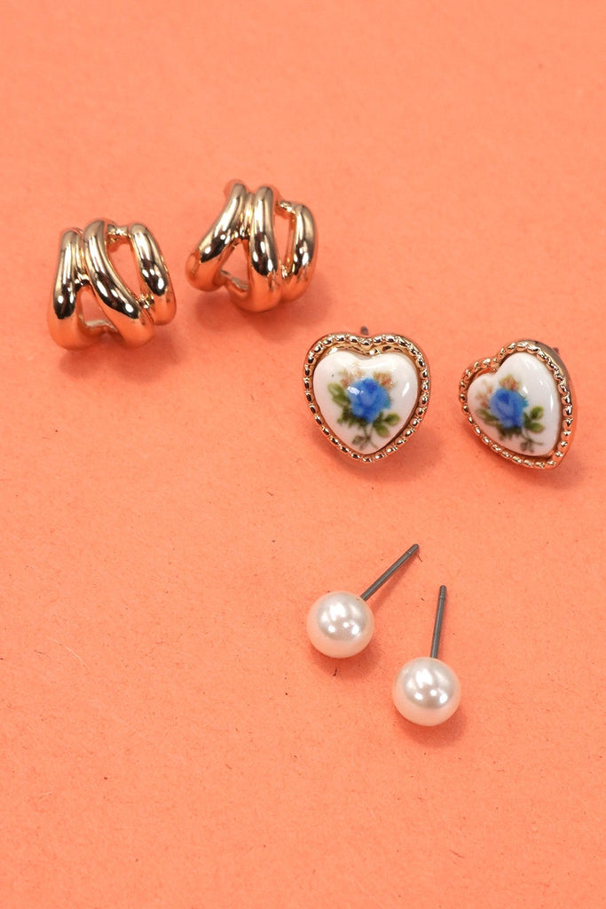 HEART FLORAL PORCELAIN STUD HOOP TRIO EARRINGS | 80E6484