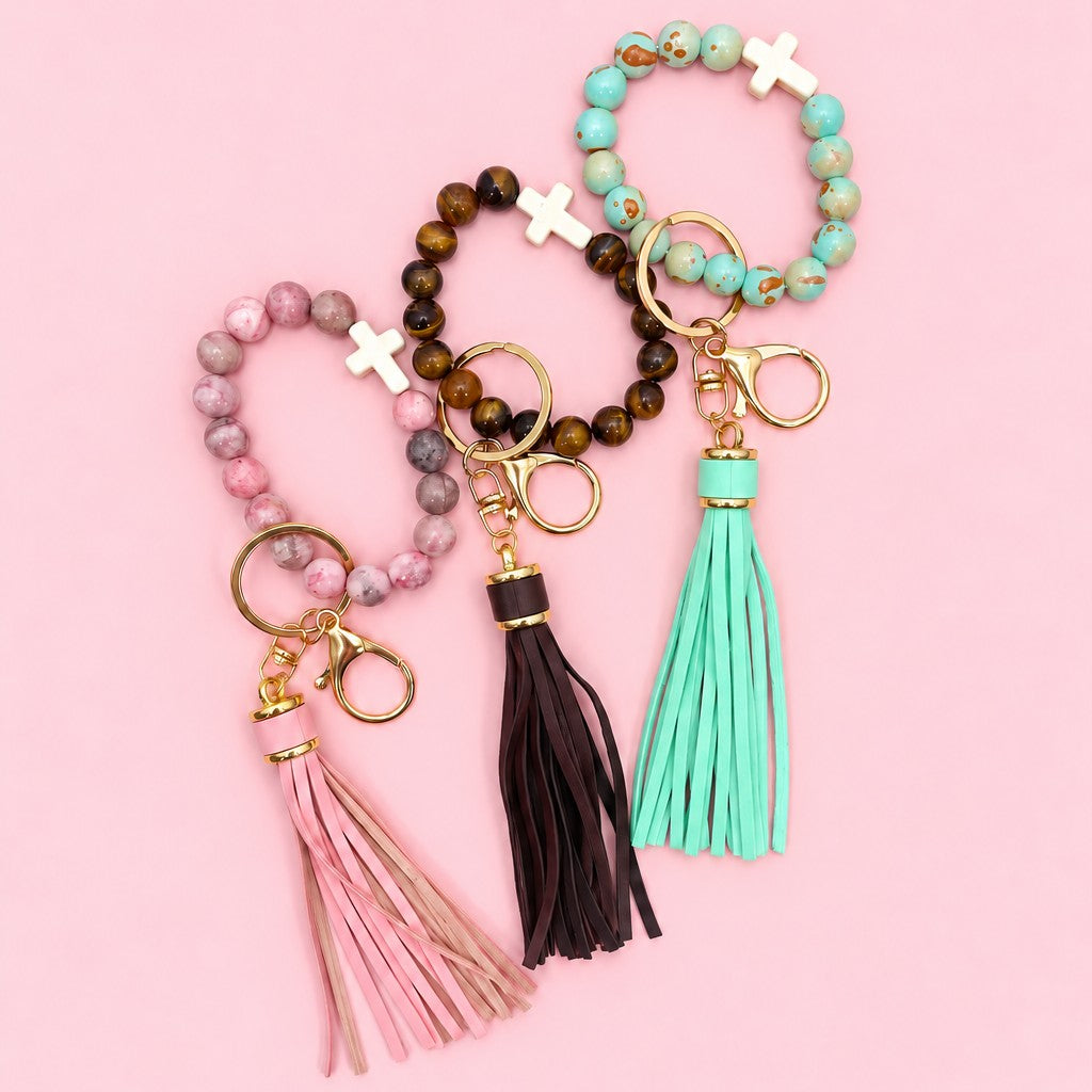 Natural Stone Beaded Key Ring Wristlet Bracelet | 40KC207