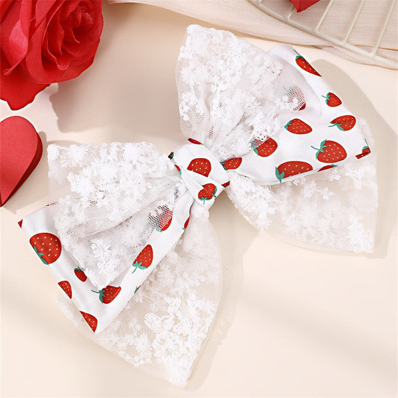 LARGE LACE STRAWBERRY BOW RIBBON HAIR CLIPS | 40H911