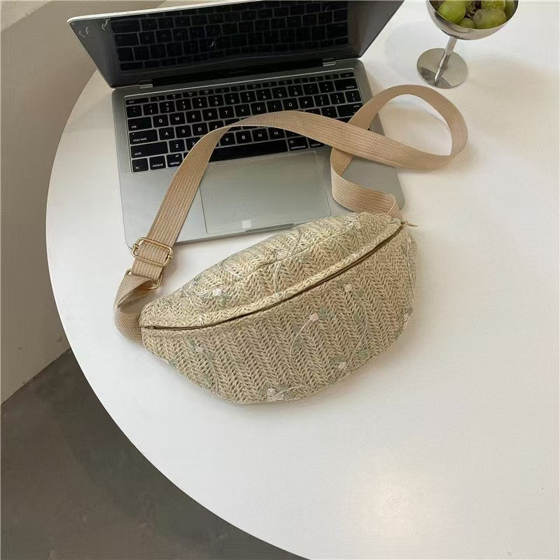 RAFFIA STRAW WAIST FANNY PACK CROSSBODY BELT BAG | 40P559