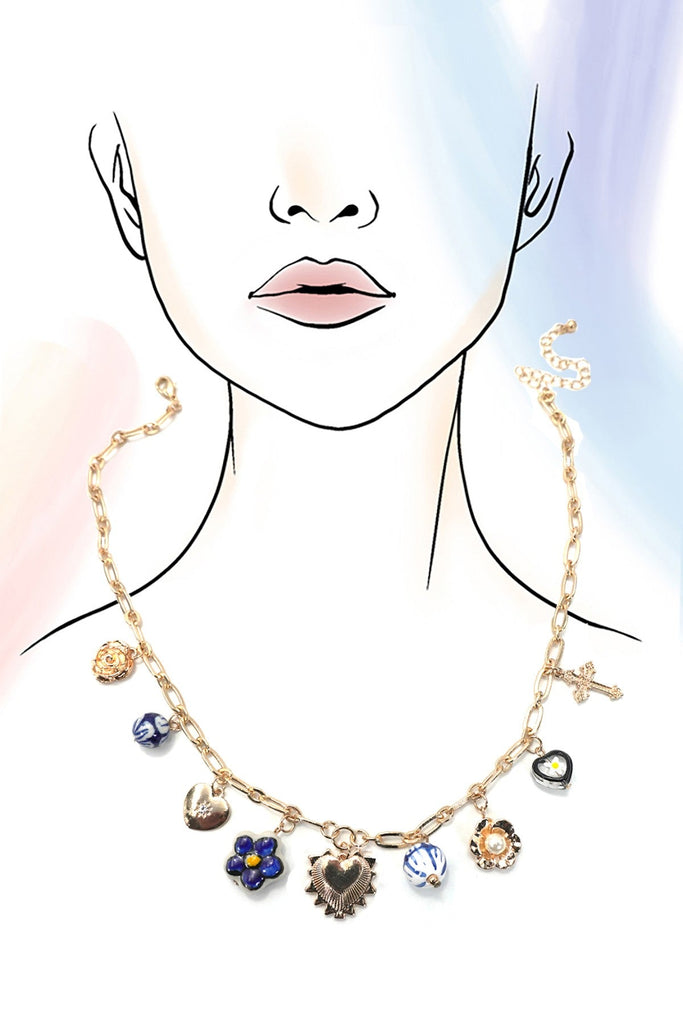 BLUE CERAMIC PORCELAIN HEART CROSS CHARM NECKLACE | 80N91624