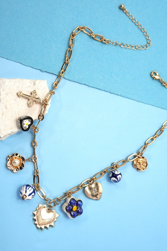 BLUE CERAMIC PORCELAIN HEART CROSS CHARM NECKLACE | 80N91624