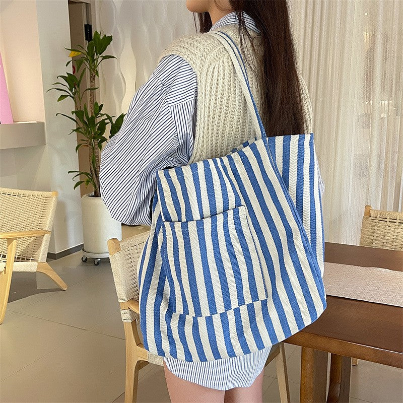 ORGANIC STRIPED TRENDING DOUBLE POCKET TOTE BAG | 40P561