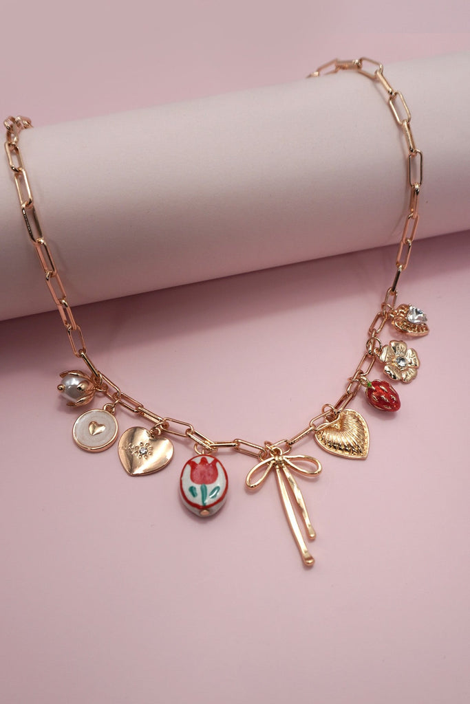 CHARM NECKLACE-BOW TOILE FLORAL HEART RHINESTONE | 80N91645