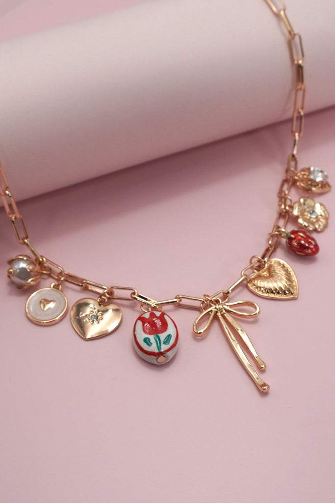 CHARM NECKLACE-BOW TOILE FLORAL HEART RHINESTONE | 80N91645
