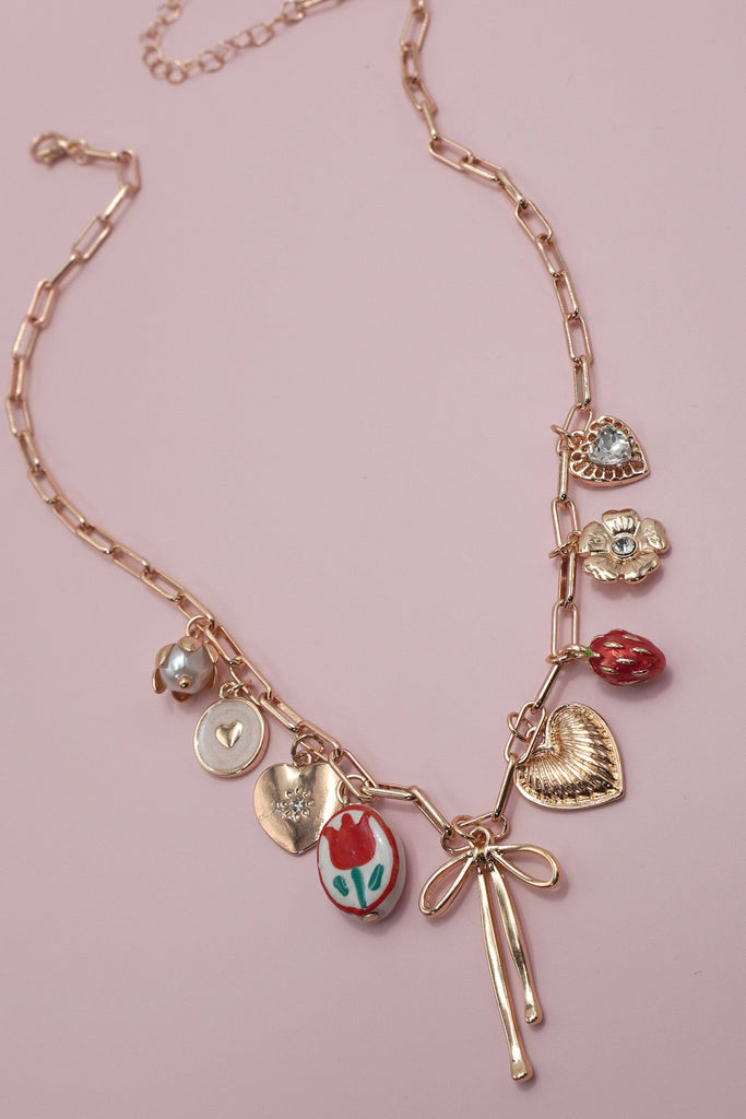 CHARM NECKLACE-BOW TOILE FLORAL HEART RHINESTONE | 80N91645