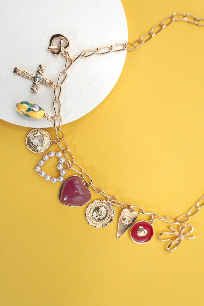 CHARM NECKLACE-BOW TOILE FLORAL RED HEART CROSS | 80N91655