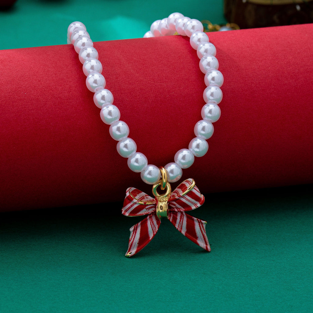 Holiday Red & White Striped Bow Pearl Necklace | 80N93905