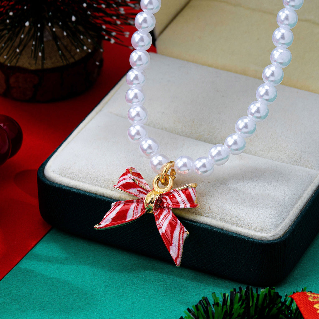 Holiday Red & White Striped Bow Pearl Necklace | 80N93905