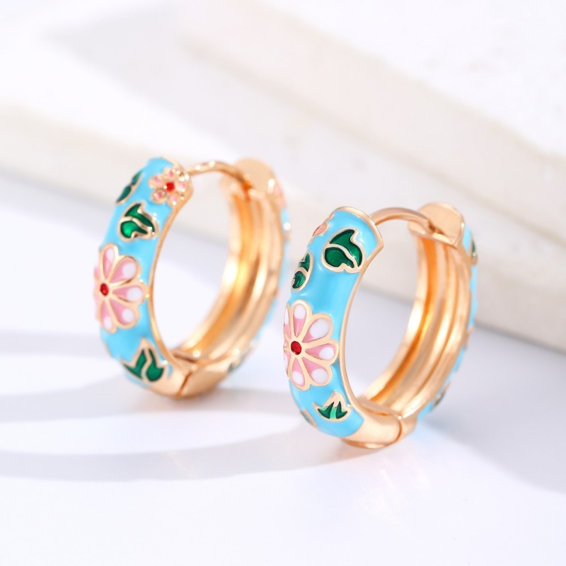 VINTAGE CLOISONNE ENAMEL FLORAL HOOP EARRINGS | 40E358