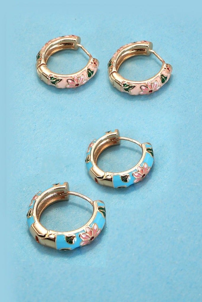 VINTAGE CLOISONNE ENAMEL FLORAL HOOP EARRINGS | 40E358