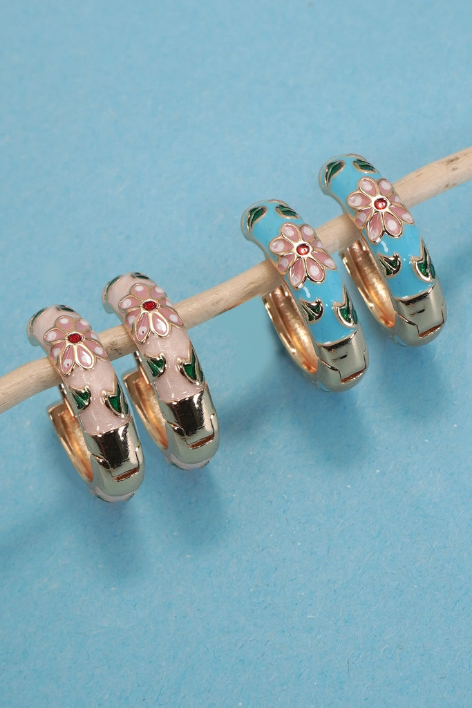 VINTAGE CLOISONNE ENAMEL FLORAL HOOP EARRINGS | 40E358