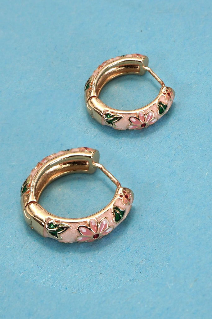 VINTAGE CLOISONNE ENAMEL FLORAL HOOP EARRINGS | 40E358