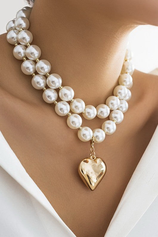 LUSTROUS PEARL BEADED LAYERED HEART NECKLACE | 40NK9456