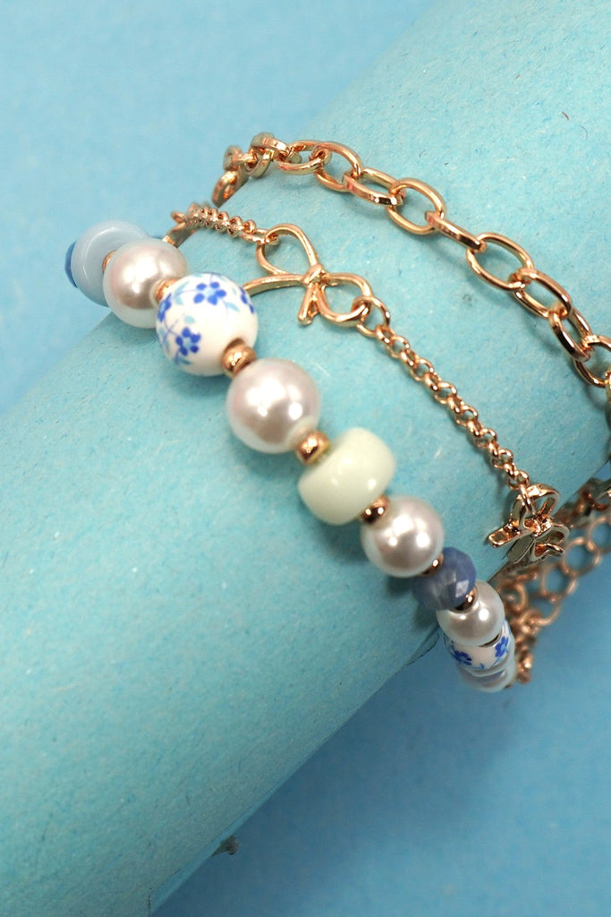 CERAMIC PORCELAIN PEARL BOW CHAIN BRACELET | 80B1372