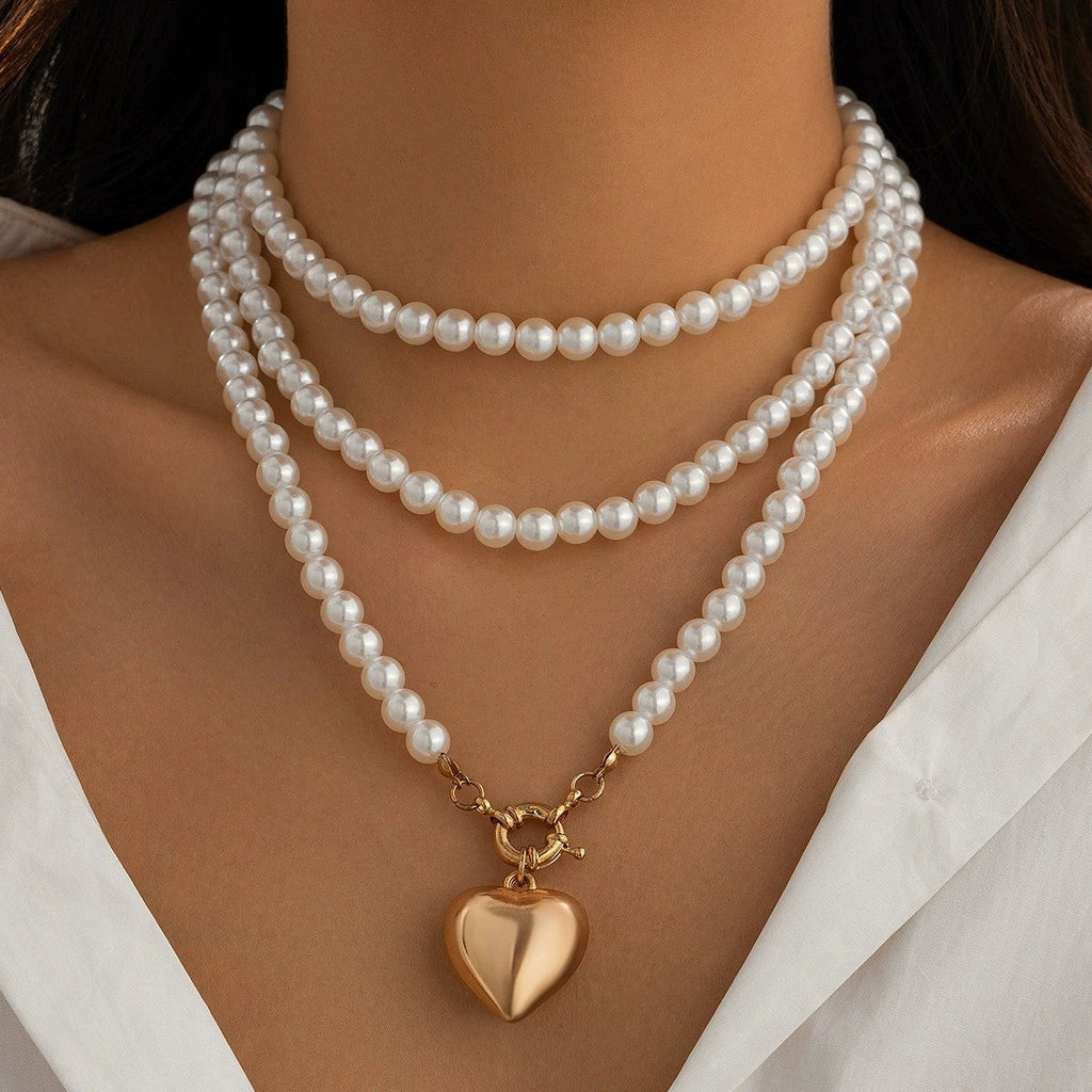 MULTI WRAP PEARL BEADED HEART CHARM NECKLACE | 40NK9464