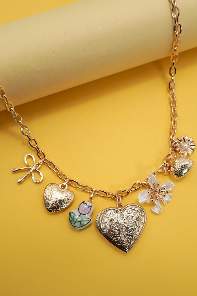 CHARM NECKLACE-HEART LOCKET PORCELAIN FLOWER BOW | 80N91722