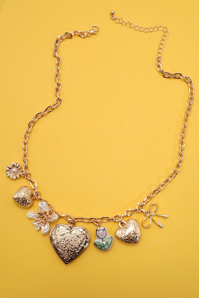 CHARM NECKLACE-HEART LOCKET PORCELAIN FLOWER BOW | 80N91722