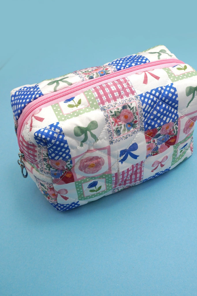 BOW QUILTED COTTON FLORAL COSMETIC POUCH BAG | 40P567