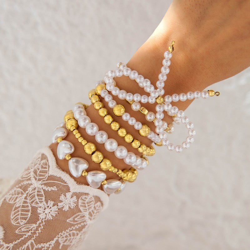 MULTILAYER BALL CHAIN BEAD PEARL BOW BRACELET | 40B5158