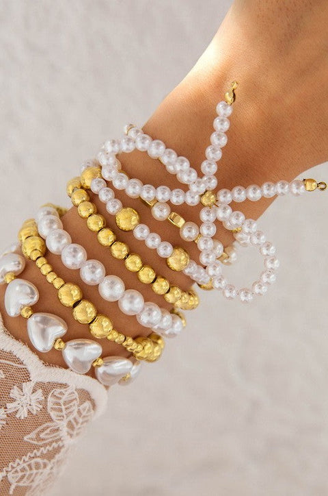 MULTILAYER BALL CHAIN BEAD PEARL BOW BRACELET | 40B5158