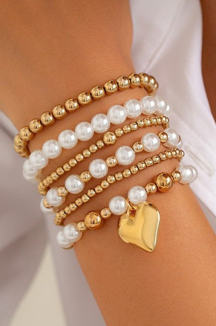 MULTILAYER BALL PEARL CHAIN BEAD HEART BRACELET | 40B5159