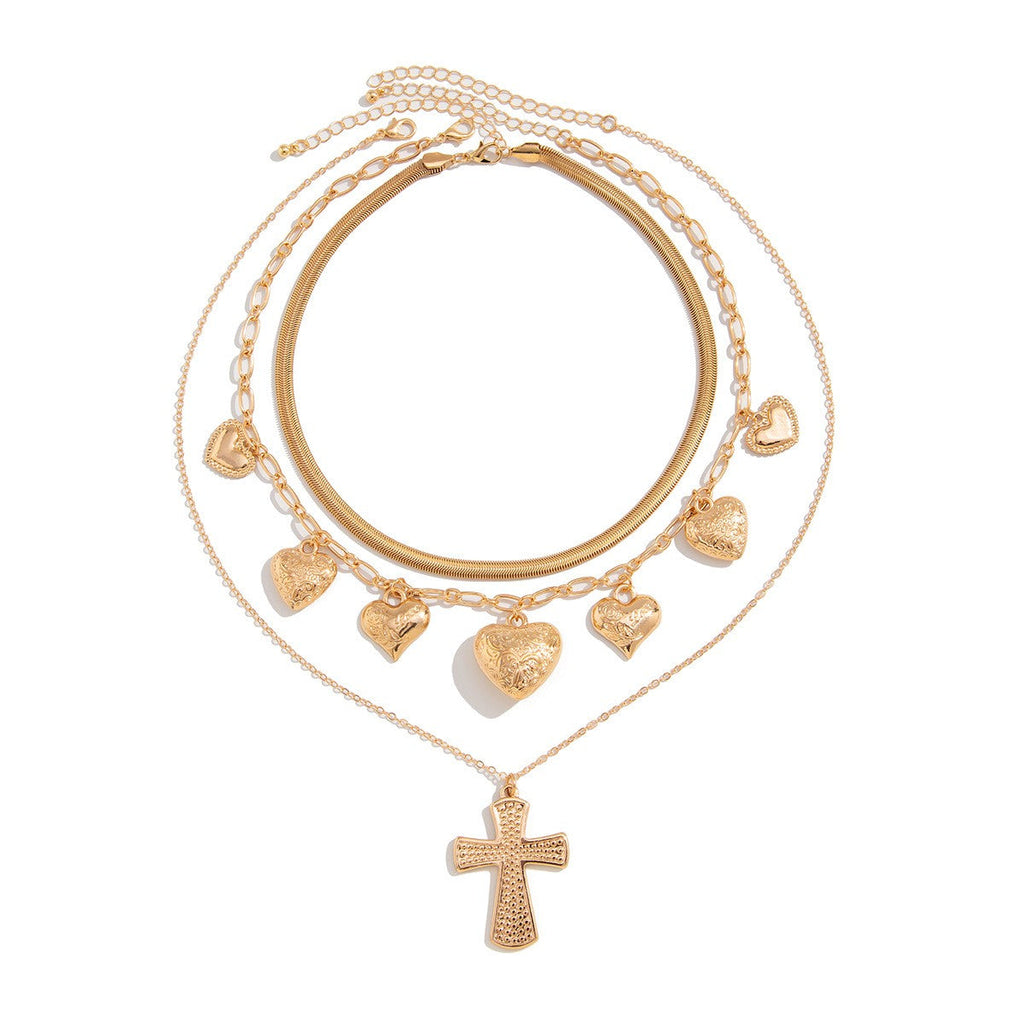 MULTI LAYERED CROSS MULTI HEART CHARM NECKLACE | 40NK9473