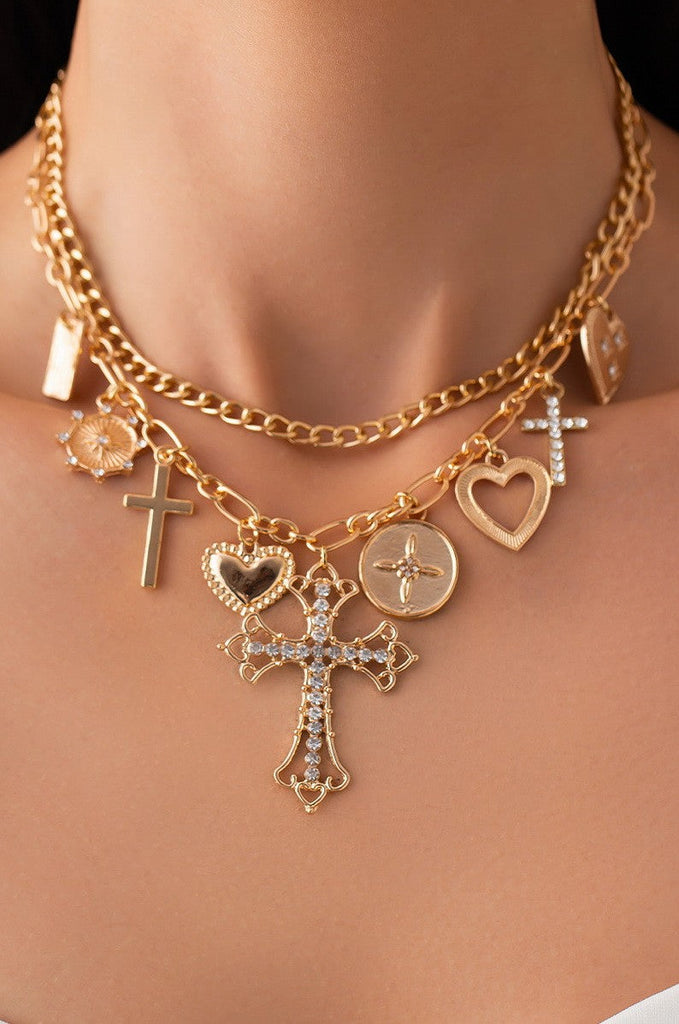 CHARM NECKLACE-MULTI CROSS CHARMS LAYERED NECKLACE | 40NK9477