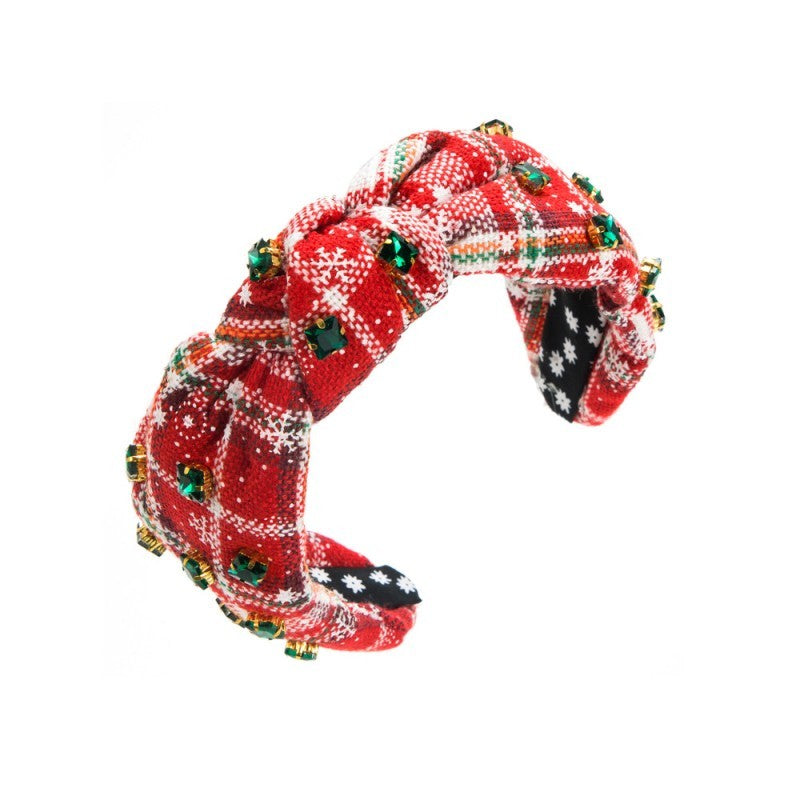 CHRISTMAS PLAID RHINESTONE WIDE KNOTTED HEADBAND | 40HB171