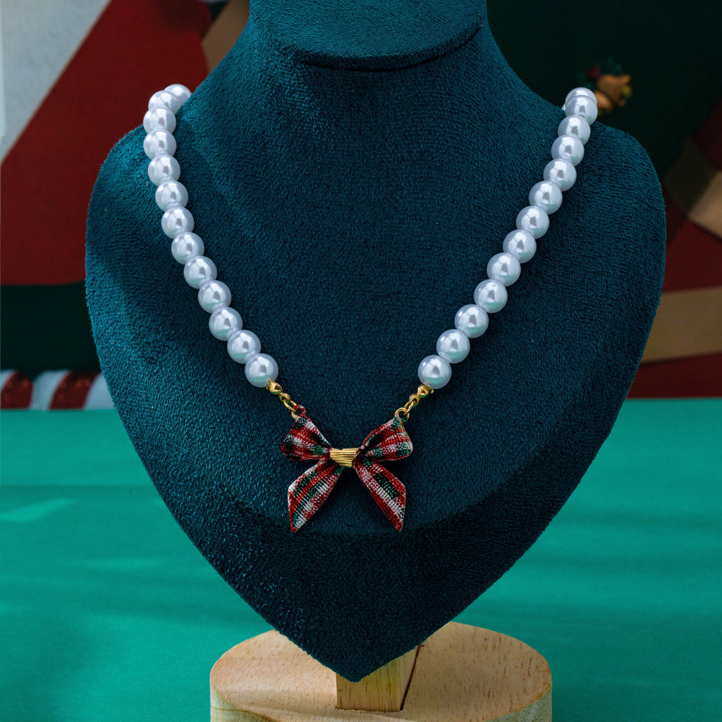 Holiday Tartan Plaid Fabric Bow Pearl Necklace | 80N93917